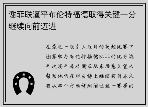 谢菲联逼平布伦特福德取得关键一分继续向前迈进