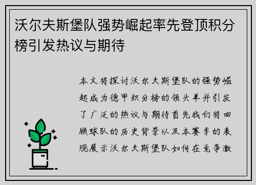 沃尔夫斯堡队强势崛起率先登顶积分榜引发热议与期待