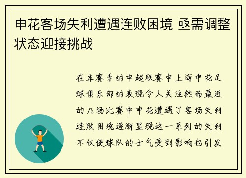 申花客场失利遭遇连败困境 亟需调整状态迎接挑战