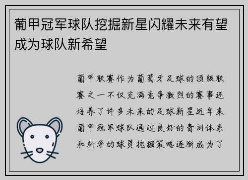 葡甲冠军球队挖掘新星闪耀未来有望成为球队新希望