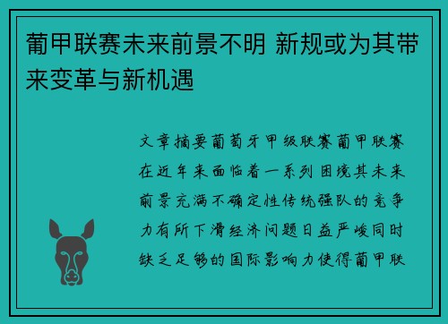 葡甲联赛未来前景不明 新规或为其带来变革与新机遇