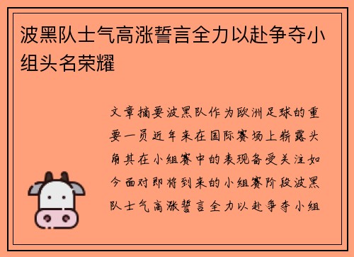 波黑队士气高涨誓言全力以赴争夺小组头名荣耀