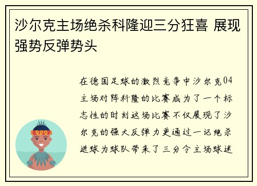 沙尔克主场绝杀科隆迎三分狂喜 展现强势反弹势头