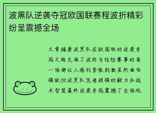 波黑队逆袭夺冠欧国联赛程波折精彩纷呈震撼全场