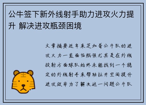 公牛签下新外线射手助力进攻火力提升 解决进攻瓶颈困境