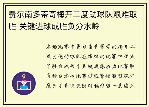 费尔南多蒂奇梅开二度助球队艰难取胜 关键进球成胜负分水岭