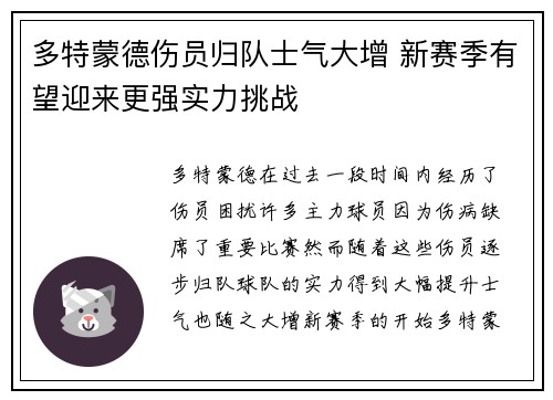 多特蒙德伤员归队士气大增 新赛季有望迎来更强实力挑战