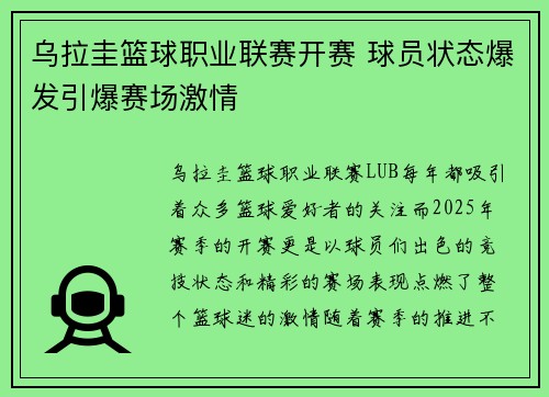 乌拉圭篮球职业联赛开赛 球员状态爆发引爆赛场激情