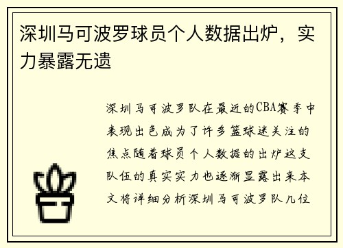 深圳马可波罗球员个人数据出炉，实力暴露无遗