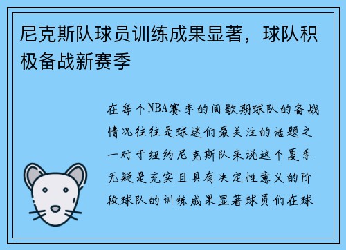 尼克斯队球员训练成果显著，球队积极备战新赛季