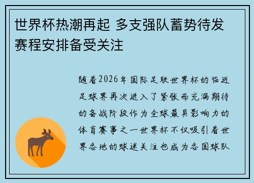 世界杯热潮再起 多支强队蓄势待发 赛程安排备受关注