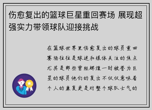 伤愈复出的篮球巨星重回赛场 展现超强实力带领球队迎接挑战