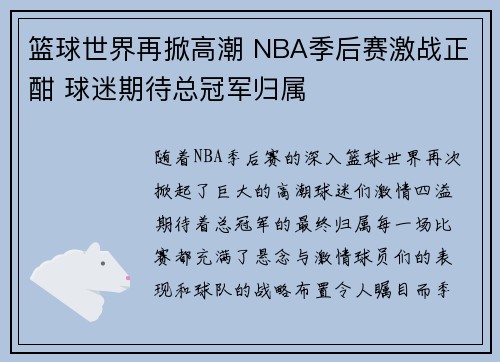 篮球世界再掀高潮 NBA季后赛激战正酣 球迷期待总冠军归属