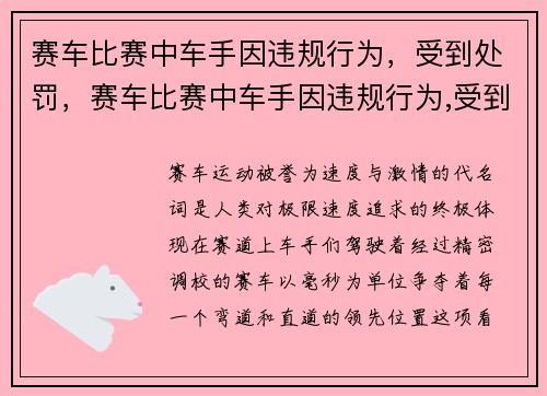 赛车比赛中车手因违规行为，受到处罚，赛车比赛中车手因违规行为,受到处罚怎么办