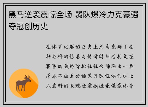 黑马逆袭震惊全场 弱队爆冷力克豪强夺冠创历史