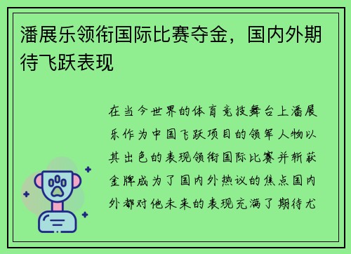 潘展乐领衔国际比赛夺金，国内外期待飞跃表现